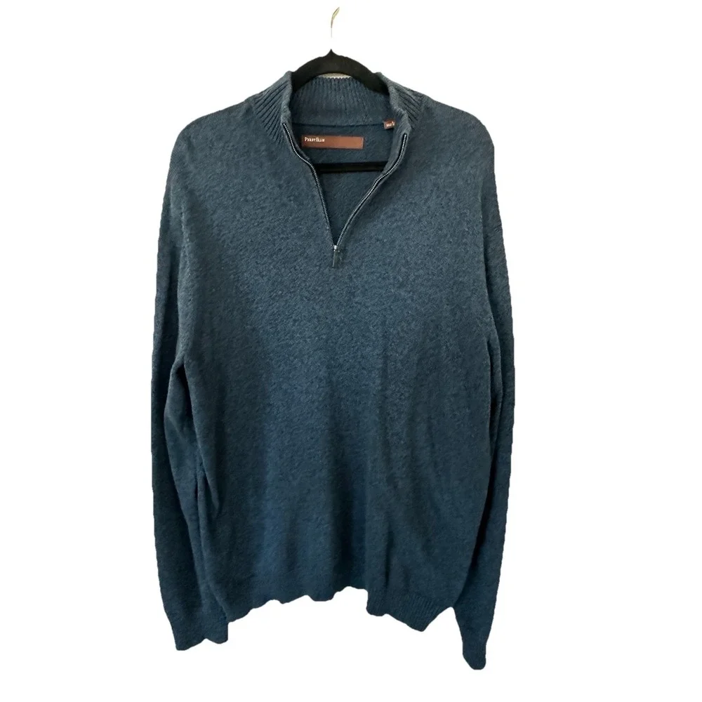 Perry Ellis Mens 1/4 Zip Sweater Knit Navy Blue Size Large‎ 100% Cotton Heritage